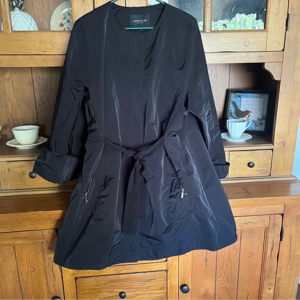 Lafayette 148 New York, rain jacket, belted, A line, 100% polyester, gold zip